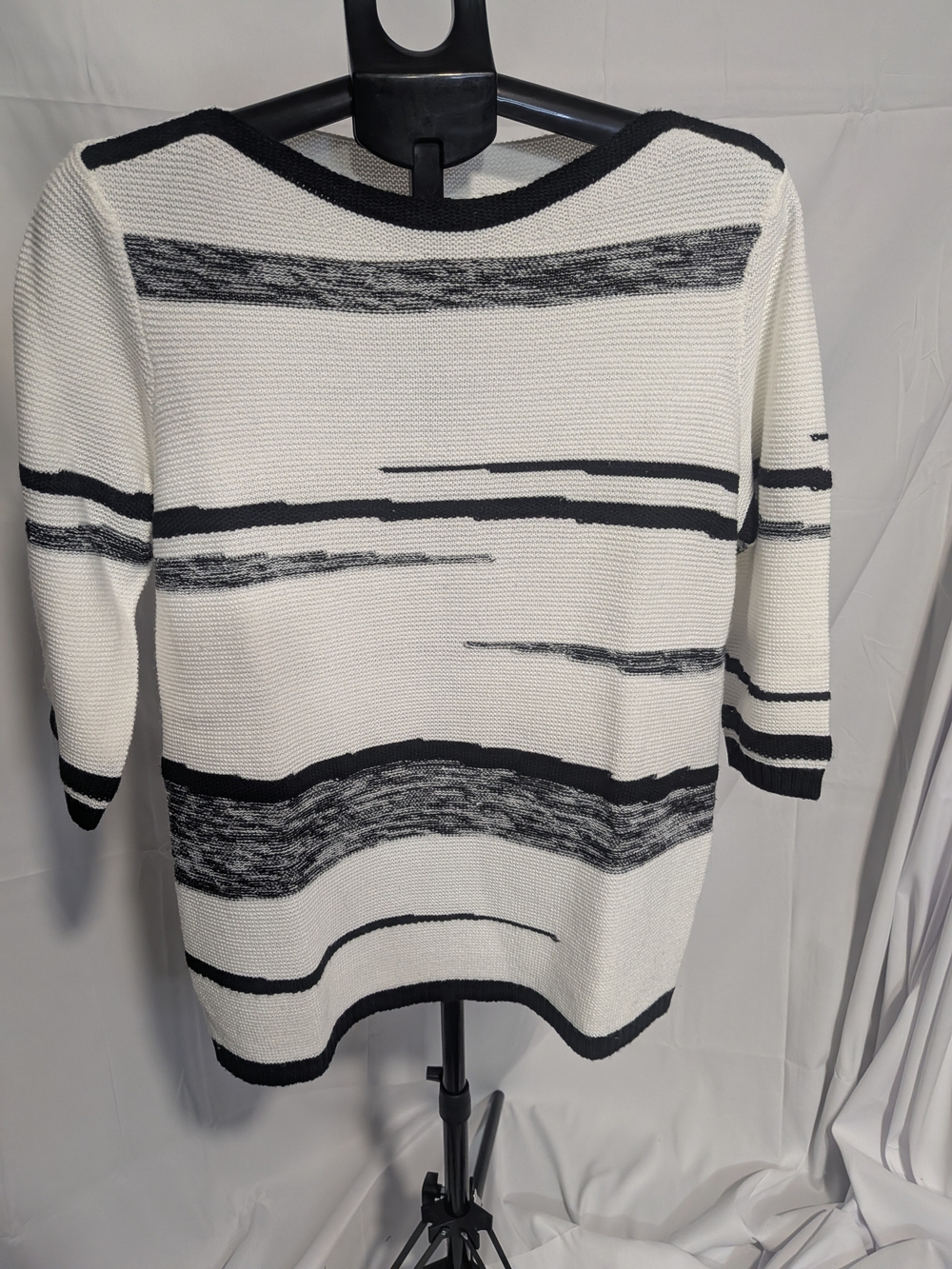 Women's Crewneck Sweater in White with Black Brushstripe